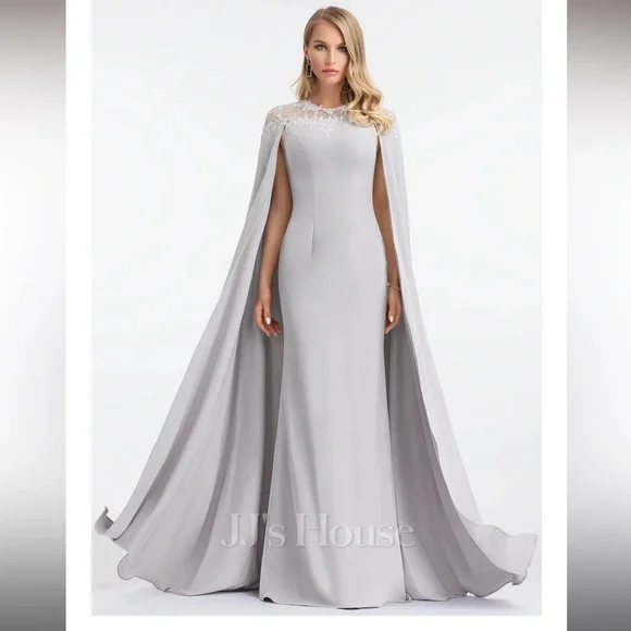 JJs House Elegant Long Sleeve Gray Dress with Cape - Picture 1 of 13